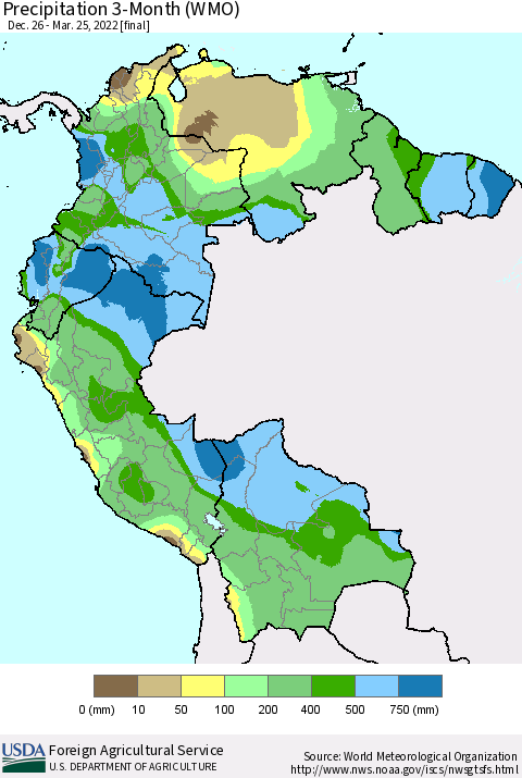 Northern South America Precipitation 3-Month (WMO) Thematic Map For 12/26/2021 - 3/25/2022