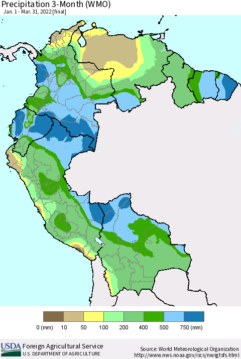 Northern South America Precipitation 3-Month (WMO) Thematic Map For 1/1/2022 - 3/31/2022