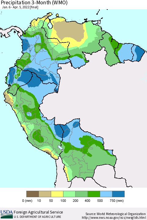 Northern South America Precipitation 3-Month (WMO) Thematic Map For 1/6/2022 - 4/5/2022