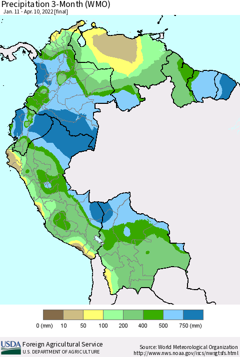 Northern South America Precipitation 3-Month (WMO) Thematic Map For 1/11/2022 - 4/10/2022