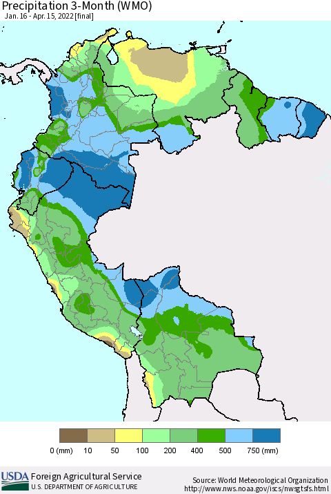 Northern South America Precipitation 3-Month (WMO) Thematic Map For 1/16/2022 - 4/15/2022