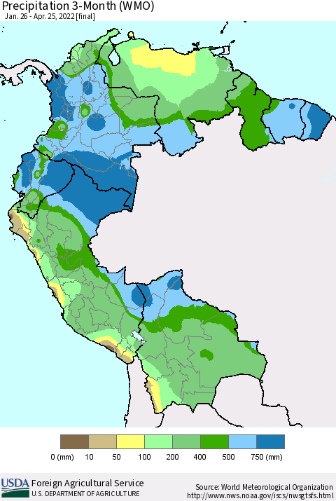 Northern South America Precipitation 3-Month (WMO) Thematic Map For 1/26/2022 - 4/25/2022