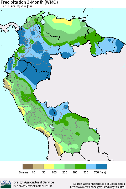 Northern South America Precipitation 3-Month (WMO) Thematic Map For 2/1/2022 - 4/30/2022