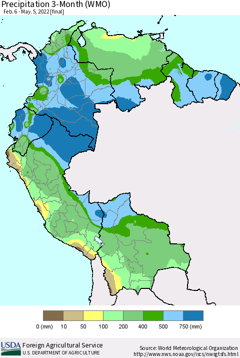 Northern South America Precipitation 3-Month (WMO) Thematic Map For 2/6/2022 - 5/5/2022