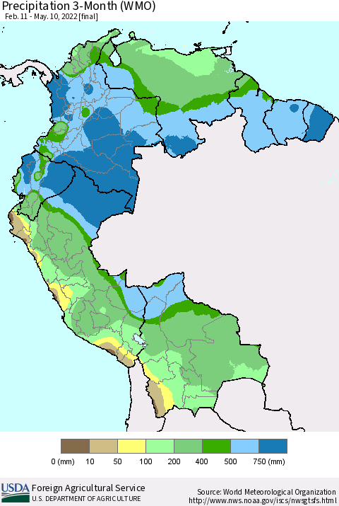 Northern South America Precipitation 3-Month (WMO) Thematic Map For 2/11/2022 - 5/10/2022