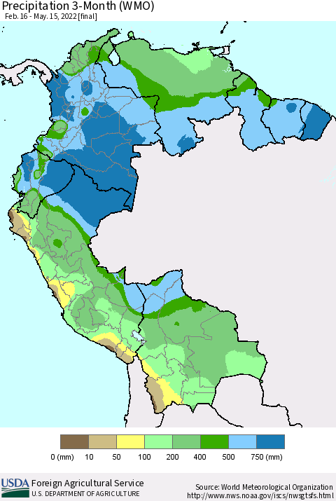 Northern South America Precipitation 3-Month (WMO) Thematic Map For 2/16/2022 - 5/15/2022