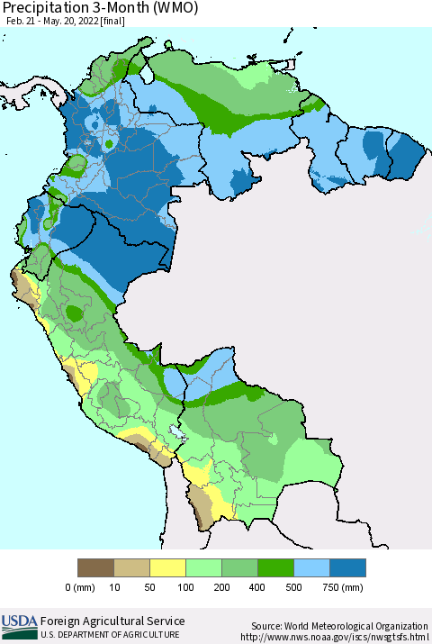 Northern South America Precipitation 3-Month (WMO) Thematic Map For 2/21/2022 - 5/20/2022