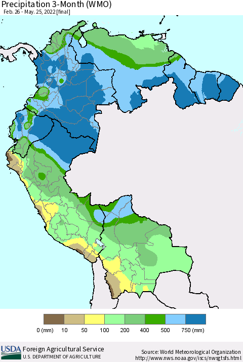 Northern South America Precipitation 3-Month (WMO) Thematic Map For 2/26/2022 - 5/25/2022