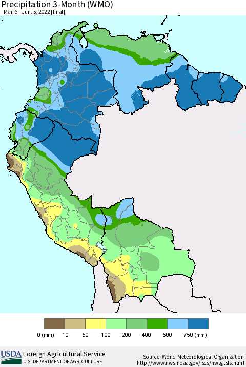 Northern South America Precipitation 3-Month (WMO) Thematic Map For 3/6/2022 - 6/5/2022