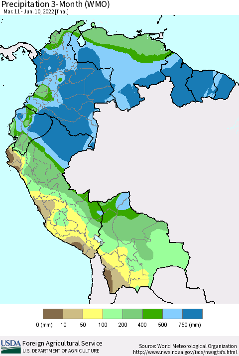 Northern South America Precipitation 3-Month (WMO) Thematic Map For 3/11/2022 - 6/10/2022