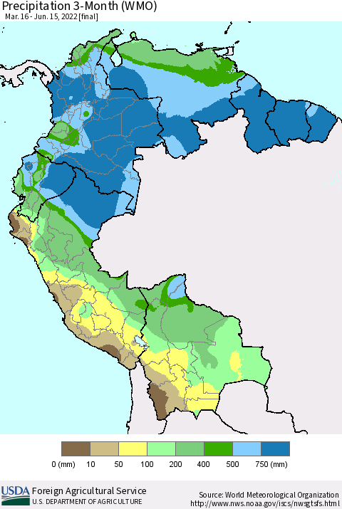 Northern South America Precipitation 3-Month (WMO) Thematic Map For 3/16/2022 - 6/15/2022