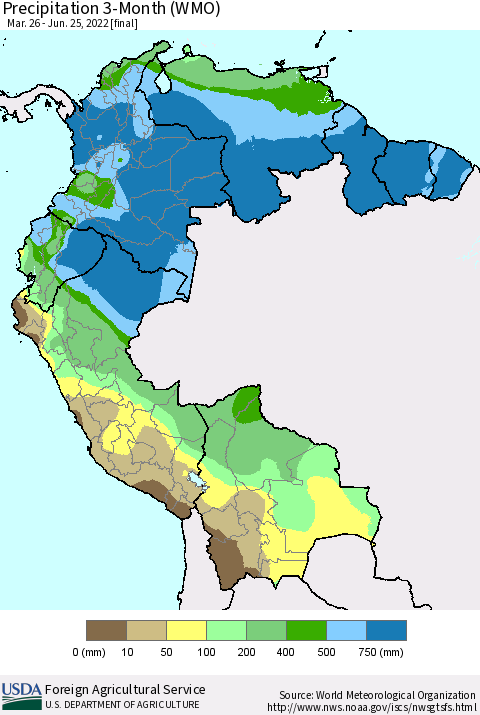 Northern South America Precipitation 3-Month (WMO) Thematic Map For 3/26/2022 - 6/25/2022