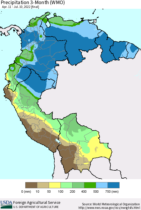 Northern South America Precipitation 3-Month (WMO) Thematic Map For 4/11/2022 - 7/10/2022