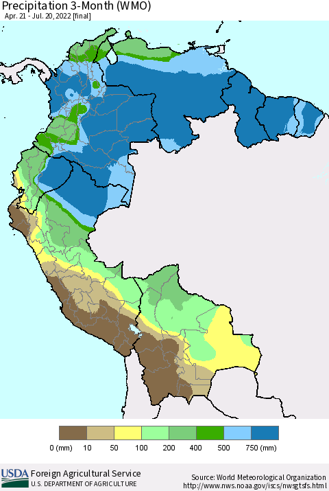 Northern South America Precipitation 3-Month (WMO) Thematic Map For 4/21/2022 - 7/20/2022