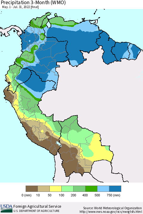 Northern South America Precipitation 3-Month (WMO) Thematic Map For 5/1/2022 - 7/31/2022