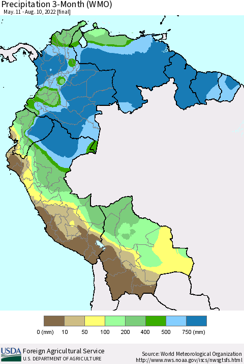 Northern South America Precipitation 3-Month (WMO) Thematic Map For 5/11/2022 - 8/10/2022