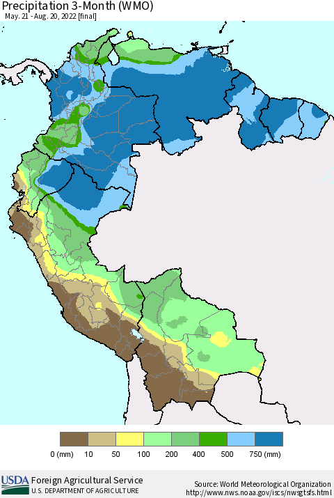 Northern South America Precipitation 3-Month (WMO) Thematic Map For 5/21/2022 - 8/20/2022