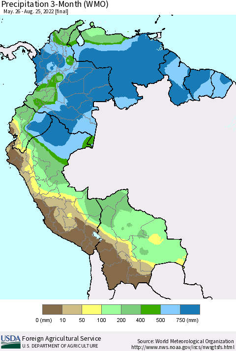 Northern South America Precipitation 3-Month (WMO) Thematic Map For 5/26/2022 - 8/25/2022