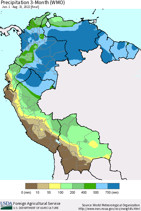Northern South America Precipitation 3-Month (WMO) Thematic Map For 6/1/2022 - 8/31/2022