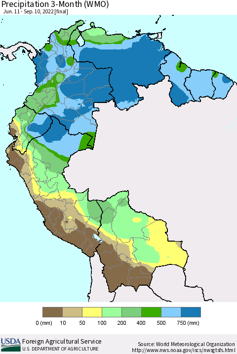 Northern South America Precipitation 3-Month (WMO) Thematic Map For 6/11/2022 - 9/10/2022
