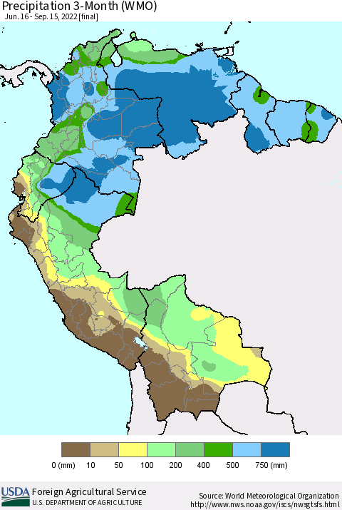 Northern South America Precipitation 3-Month (WMO) Thematic Map For 6/16/2022 - 9/15/2022