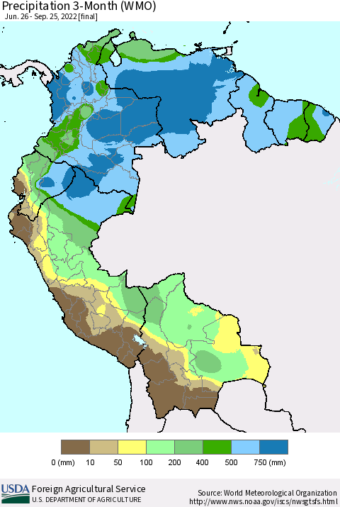 Northern South America Precipitation 3-Month (WMO) Thematic Map For 6/26/2022 - 9/25/2022