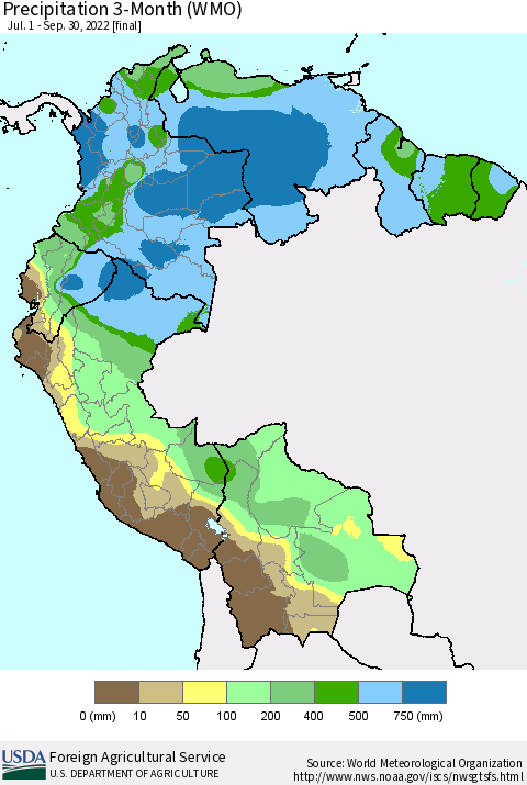 Northern South America Precipitation 3-Month (WMO) Thematic Map For 7/1/2022 - 9/30/2022