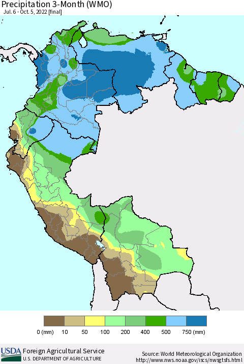 Northern South America Precipitation 3-Month (WMO) Thematic Map For 7/6/2022 - 10/5/2022