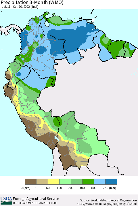 Northern South America Precipitation 3-Month (WMO) Thematic Map For 7/11/2022 - 10/10/2022