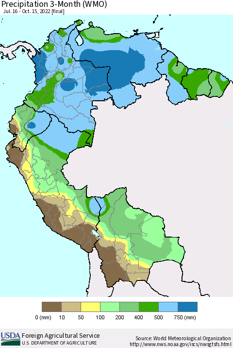 Northern South America Precipitation 3-Month (WMO) Thematic Map For 7/16/2022 - 10/15/2022