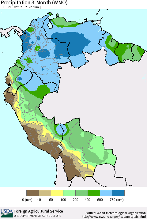 Northern South America Precipitation 3-Month (WMO) Thematic Map For 7/21/2022 - 10/20/2022