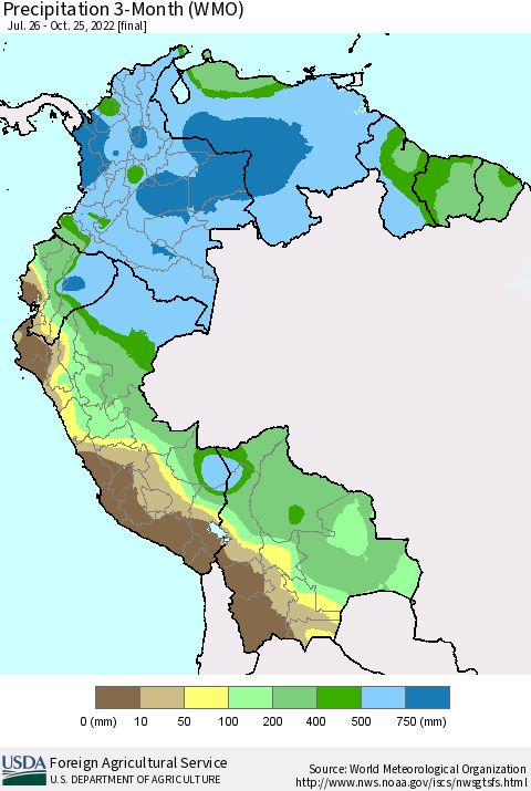 Northern South America Precipitation 3-Month (WMO) Thematic Map For 7/26/2022 - 10/25/2022