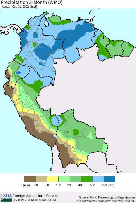 Northern South America Precipitation 3-Month (WMO) Thematic Map For 8/1/2022 - 10/31/2022