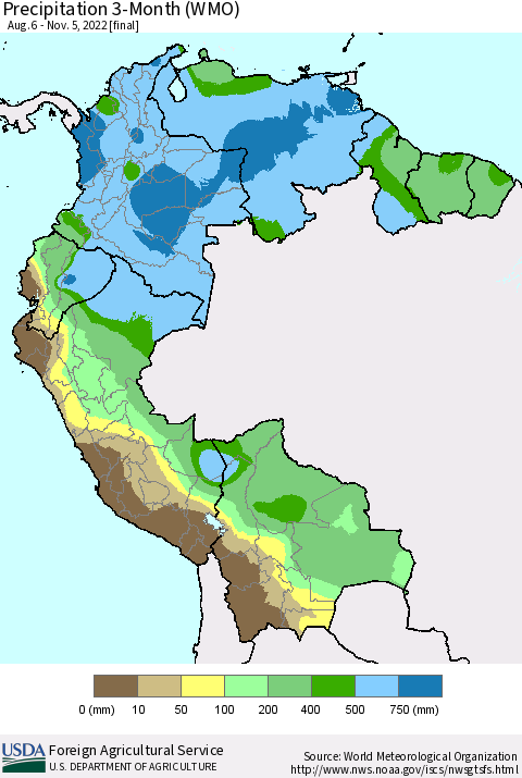Northern South America Precipitation 3-Month (WMO) Thematic Map For 8/6/2022 - 11/5/2022