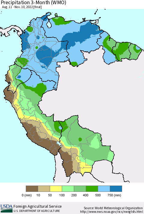 Northern South America Precipitation 3-Month (WMO) Thematic Map For 8/11/2022 - 11/10/2022