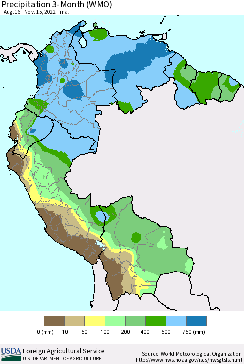 Northern South America Precipitation 3-Month (WMO) Thematic Map For 8/16/2022 - 11/15/2022