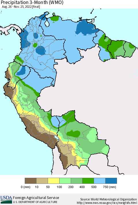 Northern South America Precipitation 3-Month (WMO) Thematic Map For 8/26/2022 - 11/25/2022