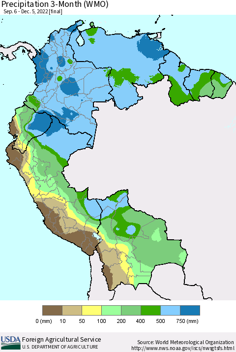 Northern South America Precipitation 3-Month (WMO) Thematic Map For 9/6/2022 - 12/5/2022