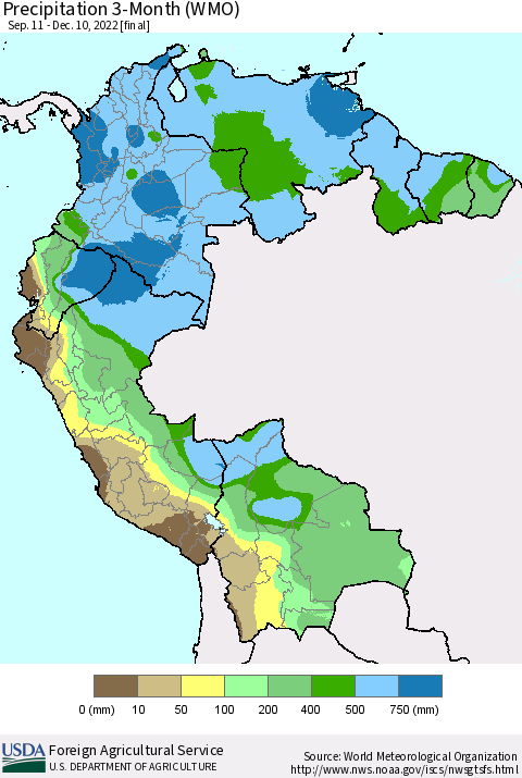 Northern South America Precipitation 3-Month (WMO) Thematic Map For 9/11/2022 - 12/10/2022