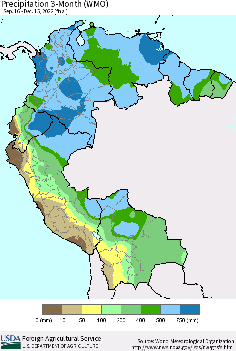 Northern South America Precipitation 3-Month (WMO) Thematic Map For 9/16/2022 - 12/15/2022