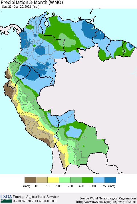 Northern South America Precipitation 3-Month (WMO) Thematic Map For 9/21/2022 - 12/20/2022