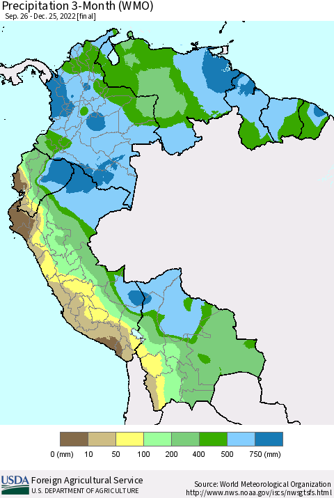 Northern South America Precipitation 3-Month (WMO) Thematic Map For 9/26/2022 - 12/25/2022