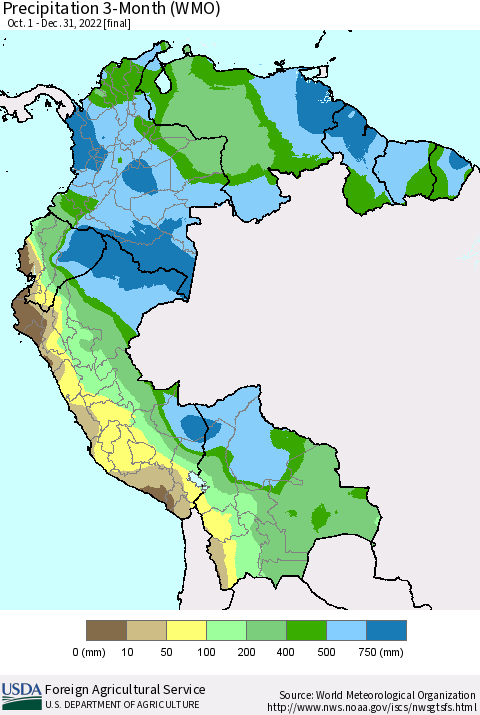 Northern South America Precipitation 3-Month (WMO) Thematic Map For 10/1/2022 - 12/31/2022