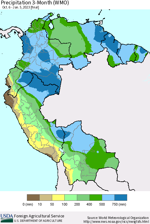 Northern South America Precipitation 3-Month (WMO) Thematic Map For 10/6/2022 - 1/5/2023