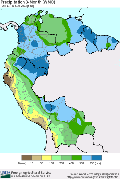 Northern South America Precipitation 3-Month (WMO) Thematic Map For 10/11/2022 - 1/10/2023