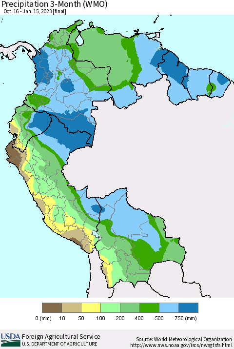 Northern South America Precipitation 3-Month (WMO) Thematic Map For 10/16/2022 - 1/15/2023