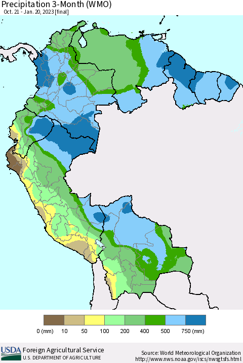 Northern South America Precipitation 3-Month (WMO) Thematic Map For 10/21/2022 - 1/20/2023