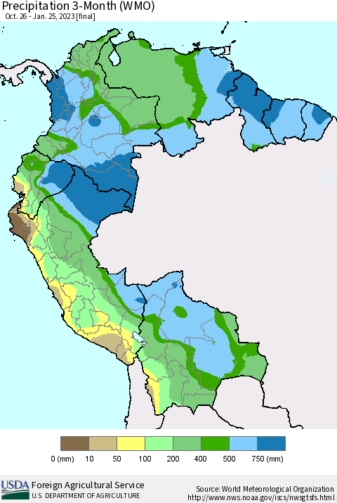 Northern South America Precipitation 3-Month (WMO) Thematic Map For 10/26/2022 - 1/25/2023