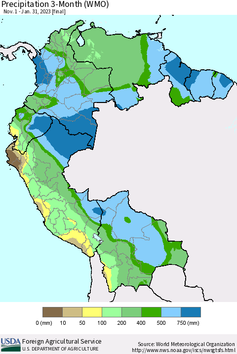 Northern South America Precipitation 3-Month (WMO) Thematic Map For 11/1/2022 - 1/31/2023