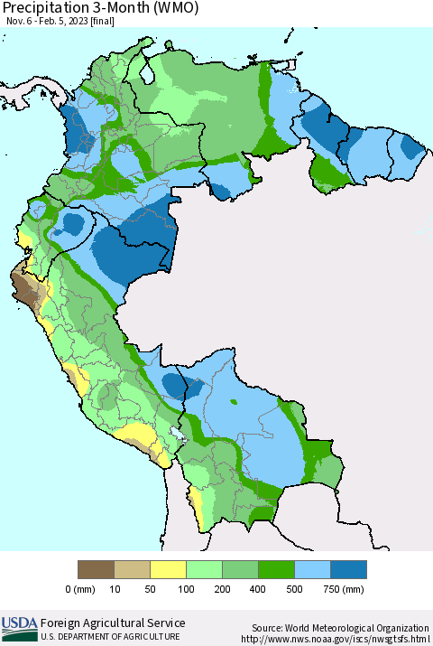 Northern South America Precipitation 3-Month (WMO) Thematic Map For 11/6/2022 - 2/5/2023